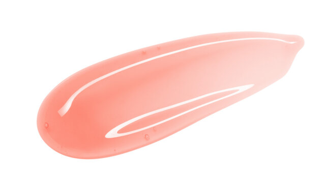 Lip gloss, balm, lip oil texture. Pink gel makeup swatch smear. Shiny liquid lipstick stroke isolated on transprent background