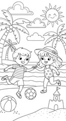 Fototapeta premium Joyful children playing on a sunny tropical beach scene with ocean waves and palm trees