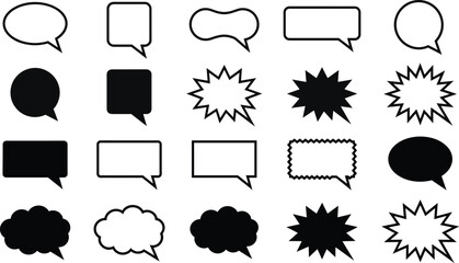Speech bubble icons set, chat dialog balloons and comic bursts, minimal black silhouette symbols for communication illustration design