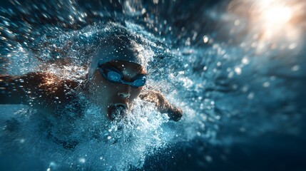 Underwater view of a swimmer performing the freestyle stroke with goggles on.