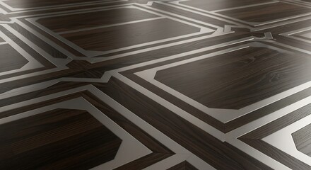 Obraz premium A highangle view of a luxurious dark wooden floor with intricate geometric silver metallic inlay patterns showing reflections