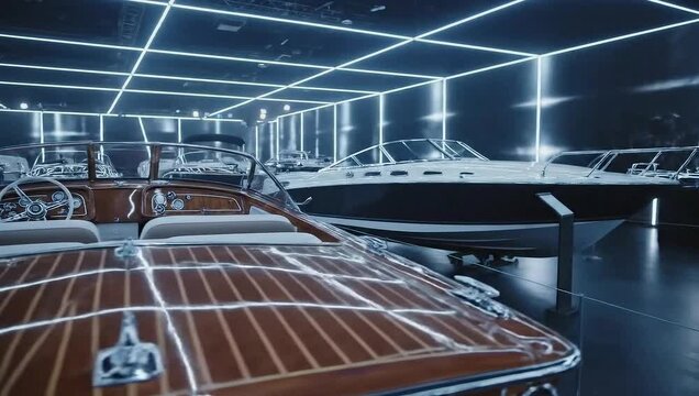 Luxury Boats on Display in a Modern Showroom with Neon Lighting.