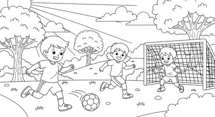 Fototapeta premium Children happily playing a game of soccer outdoors near a goal under sunny skies