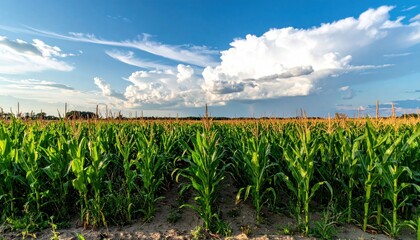 Corn field under blue sky.