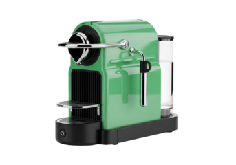glossy mint green capsule coffee machine with polished chrome and matte black elements on a reflective white background, high-key photorealistic ad, concept of aesthetic luxury and convenience
