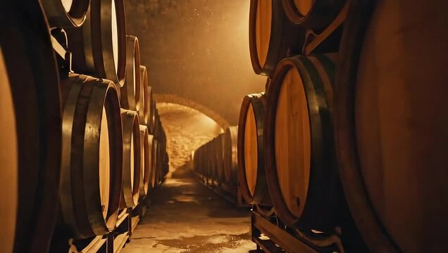 Wine barrels in a dark cellar.