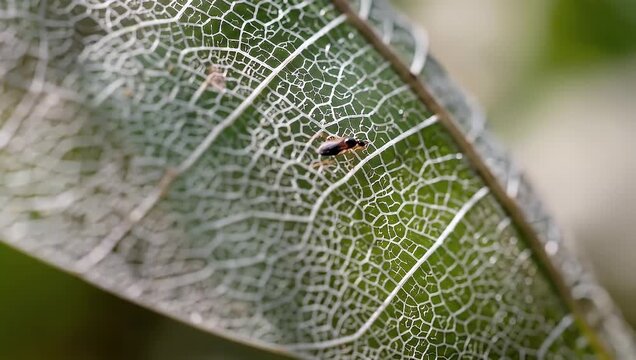 Intricate skeletonized leaf with a tiny insect crawling across its delicate veins