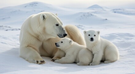 Obraz premium Arctic Polar Bear Family Mother Cute Cubs Snow.