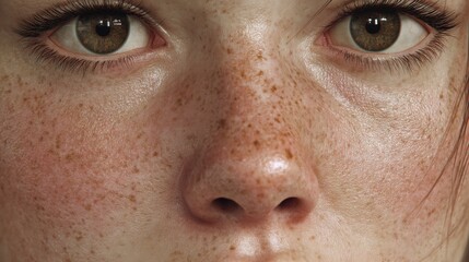 portrait of a young woman, face centered and filling the frame, flawless photoreal skin detail with visible pores, soft natural freckles, tiny peach fuzz hairs, natural skin shine
