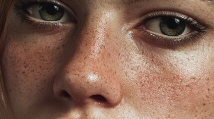portrait of a young woman, face centered and filling the frame, flawless photoreal skin detail with visible pores, soft natural freckles, tiny peach fuzz hairs, natural skin shine

