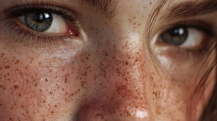 portrait of a young woman, face centered and filling the frame, flawless photoreal skin detail with visible pores, soft natural freckles, tiny peach fuzz hairs, natural skin shine
