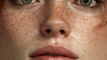 portrait of a young woman, face centered and filling the frame, flawless photoreal skin detail with visible pores, soft natural freckles, tiny peach fuzz hairs, natural skin shine
