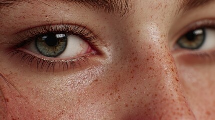 portrait of a young woman, face centered and filling the frame, flawless photoreal skin detail with visible pores, soft natural freckles, tiny peach fuzz hairs, natural skin shine
