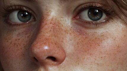 portrait of a young woman, face centered and filling the frame, flawless photoreal skin detail with visible pores, soft natural freckles, tiny peach fuzz hairs, natural skin shine
