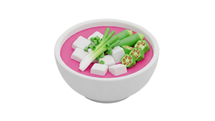 3D Illustration of a Bowl of Soup with Tofu, Okra, and Scallions on transparent background