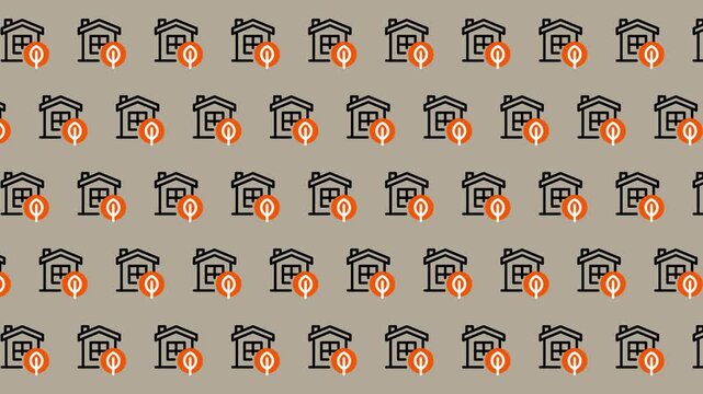 Seamless Pattern of Houses with Bitcoin Symbol Overlay.