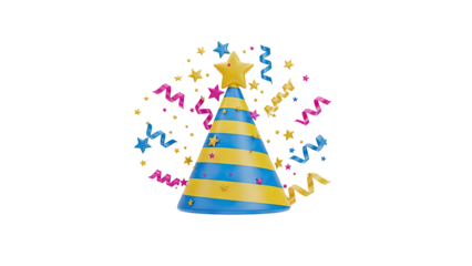3D Party Hat with Stars and Confetti on transparent background