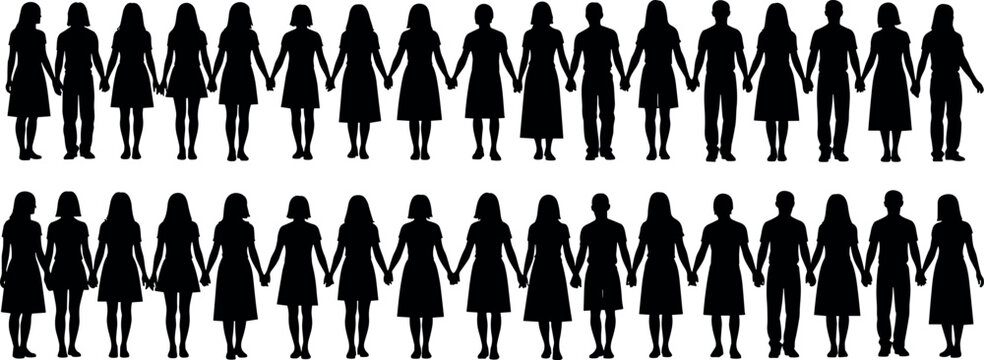 People holding hands together silhouette set, community unity and global diversity teamwork concept flat vector illustration for social banners.
