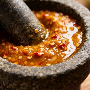 Aesthetic close-up of sambal bawang in a stone mortar, chili seeds visible.