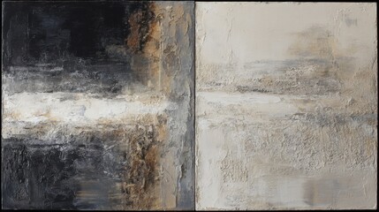 a modern abstract oil painting composed of two vertical panels--one dominated by deep, earthy tones like umber, burnt sienna, and black; the other featuring soft neutrals such as ivory
