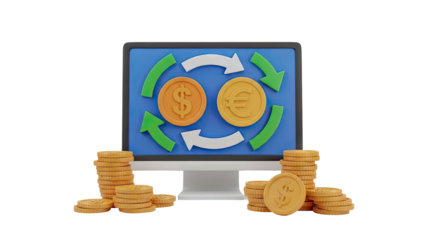 3D Online Currency Exchange Computer Screen with Dollar and Euro Coins on transparent background