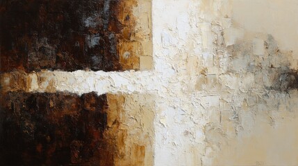 a modern abstract oil painting composed of two vertical panels--one dominated by deep, earthy tones like umber, burnt sienna, and black; the other featuring soft neutrals such as ivory
