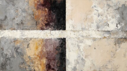 a modern abstract oil painting composed of two vertical panels--one dominated by deep, earthy tones like umber, burnt sienna, and black; the other featuring soft neutrals such as ivory
