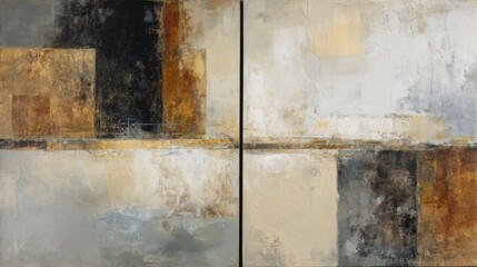 a modern abstract oil painting composed of two vertical panels--one dominated by deep, earthy tones like umber, burnt sienna, and black; the other featuring soft neutrals such as ivory
