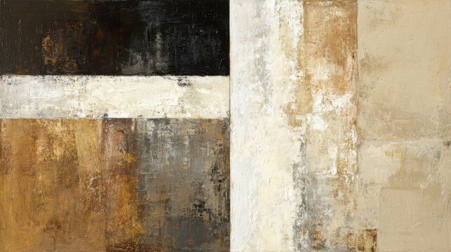 a modern abstract oil painting composed of two vertical panels--one dominated by deep, earthy tones like umber, burnt sienna, and black; the other featuring soft neutrals such as ivory
 - Powered by Adobe