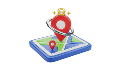 3D Red Map Pin with Gold Crown and Stars on Map on transparent background