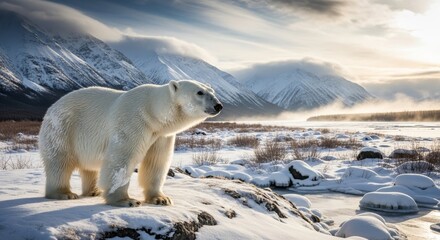 Polar Bear in Snowy Arctic Landscape at Sunset.