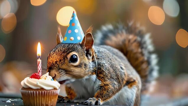 A Squirrel's Birthday Bash: Adorable Celebration with a Festive Party Hat and Cupcake