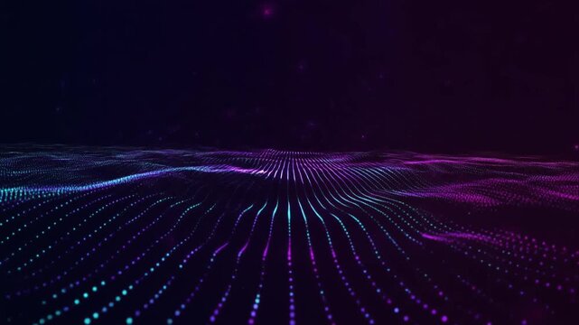 A futuristic digital landscape with vibrant purple and blue lights radiating from a central point