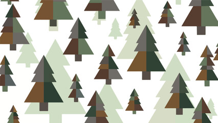 A graphic illustration of various sized and colored Christmas trees on a white background with a mix of green brown and gray hues.