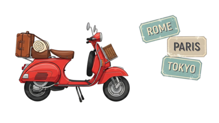 Red Vintage Scooter with Luggage and Travel Signs in Flat Illustration