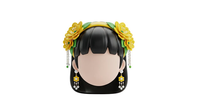 3D Stylized character head with yellow flowers and earrings on transparent background