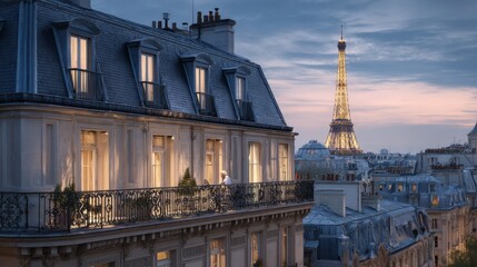 Paris at blue hour: a Haussmann apartment facade in creamy limestone with a black zinc mansard roof and chimney pots; warm glowing windows

