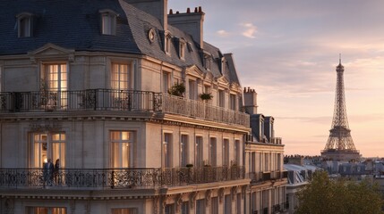 Paris at blue hour: a Haussmann apartment facade in creamy limestone with a black zinc mansard roof and chimney pots; warm glowing windows
