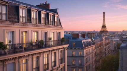 Paris at blue hour: a Haussmann apartment facade in creamy limestone with a black zinc mansard roof and chimney pots; warm glowing windows
