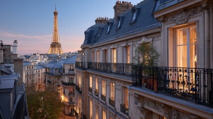 Paris at blue hour: a Haussmann apartment facade in creamy limestone with a black zinc mansard roof and chimney pots; warm glowing windows
