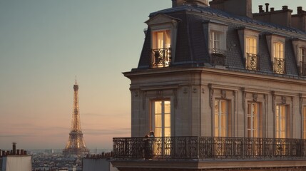 Paris at blue hour: a Haussmann apartment facade in creamy limestone with a black zinc mansard roof and chimney pots; warm glowing windows
