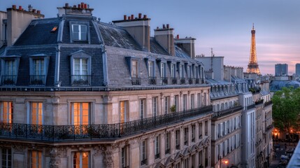 Paris at blue hour: a Haussmann apartment facade in creamy limestone with a black zinc mansard roof and chimney pots; warm glowing windows
