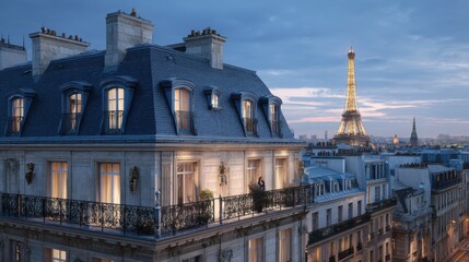 Paris at blue hour: a Haussmann apartment facade in creamy limestone with a black zinc mansard roof and chimney pots; warm glowing windows
