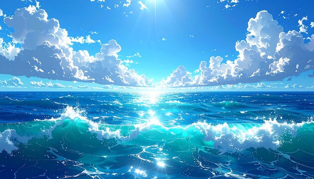 Animated seascape with sunlight over rolling waves