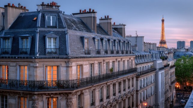 Paris at blue hour: a Haussmann apartment facade in creamy limestone with a black zinc mansard roof and chimney pots; warm glowing windows
