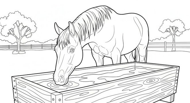 Equine animal drinks water from a wooden trough outdoors in a field scene