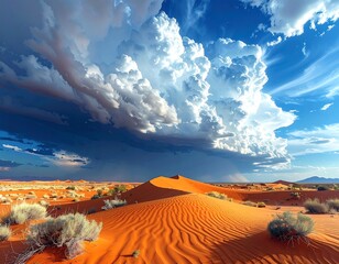 Vivid desert landscape featuring undulating sand dunes beneath an expansive, dramatic, cloudy sky