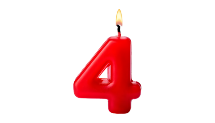 A single number 4 shaped candle in pure red wax, isolated on a white background.