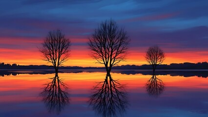Fototapeta premium Sunset over calm lake with three bare trees reflections