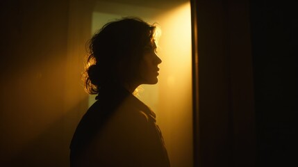 Cinematic portrait of a woman standing under a door frame, silhouetted against a strong, piercing yellow light illuminating the background
